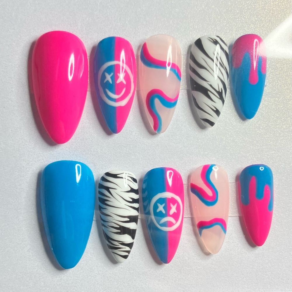 Hot Pink & Electric Blue Nail Set with Zebra and Swirl Accents